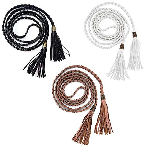 PPX 3 Stück Gürtel Geflochten Damen, Slim Fit Gürtel PU Leder Geflochtene Bauchkette mit Tassel Retro Style,Schwarz Weiß Braun