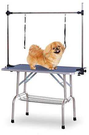 PawHut Mesa de Peluquería Canina Plegable, Mesa de Aseo con Cesta de Rejilla Metálica, Encimera Antideslizante, Barra de Acero Inoxidable Ajustable, para Perros, Gatos, 107x60x164 cm, Azul