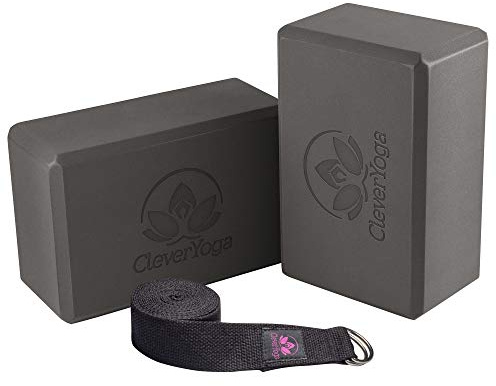 Clever Yoga Blocks & Strap - Lighweight Foam Yoga Blocks 2 Pack with 8ft Cotton Yoga Strap Set Kit for Beginners & Pros, Accessories & Equipment for Women & Men - Gray