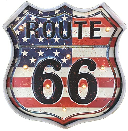 DiiliHiiri Route 66 Cartel Vintage – Ruta 66 Letrero Luminoso Metálico con LED Decoración Hogar Retro para Pared | 36x35x5 cm