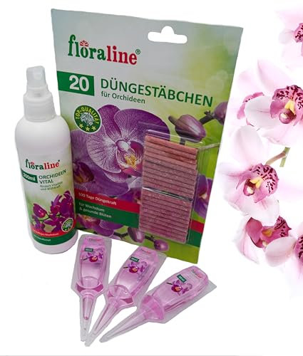 floraline® Kit de démarrage d'engrais pour orchidées : 20 bâtonnets, 3 cures vitales et 250 ml de spray vital | Pour des mois de magnifiques fleurs avec croissance et fleurs saines et brillantes |