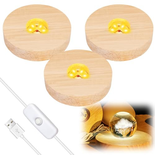 Vegena 3 Pezzi LED Luci Display Base, Base Luce Led Legno con USB, Base Rotonda con Led per Acrilico, Cristallo (10 cm, Bianco Caldo)