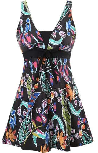 Sixyotie Womens One Piece Swimsuit Tummy Control Swimwear Floral Printed Swimming Costume with Skirts (L,Blackflower)