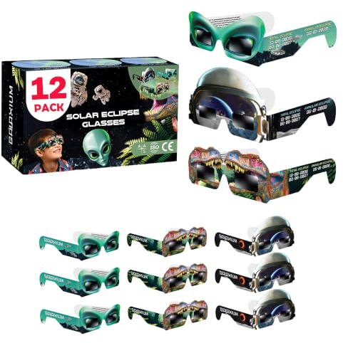 Galaxium Pack de 12 Gafas de Eclipse Solar para Niños 2026 Diseño Mixto de Alien, Astronauta y Dinosaurio, Aprobadas por la AAS, Certificadas ISO 12312-2, Gafas Solares para Niñas