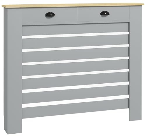 HOMCOM Radiator Cover with Drawer, Horizontal Slatted Grill, Grey Painted MDF Wood Cabinet Shelf Heating Cover for Living Room Bedroom Hallway, Medium (H: 95.5 / W: 111 / D: 19 cm)