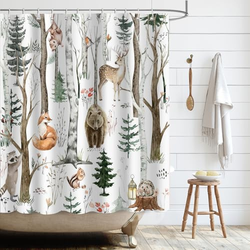 APROPHIC Duschvorhang Tier 180 x 180cm, Duschvorhänge Wildlife, Rustikaler Wald Bär Hirsch Badezimmer Duschvorhang, Lustiger Aquarell Tier Badezimmer Vorhang, Waschbar mit 12 Haken