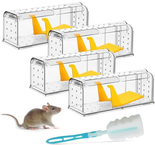 KENNEAS Humane Mouse Traps for Indoor Outdoor, Washable Cleaning Brush Included, Reusable Live Catch and Release, Field Mouse Catchers, Pets & Children Friendly, No Glue, Electric & Kill (4 Pack)