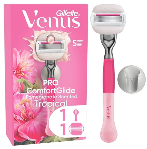 Gillette Venus Pro ComfortGlide Granatäpple Doftande Tropisk rakhyvel för kvinnor med Olay-fuktkräm, 1 påfyllning rakhyvelpatroner, återanvändbart metallhandtag och duschhållare