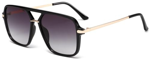 Long Keeper Occhiali da Sole Pilota Uomo Donna Occhiali da Sole Quadrati Vintage Doppio Ponte Retrò Occhiali Pilota Quadrati da Guida UV400 (Nero Montatura - Grigio Sfumato Lente)