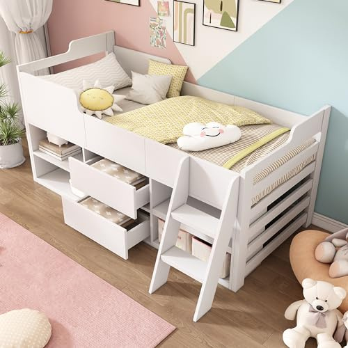 Aptliton Cabin Bed Frame 3ft Single, Mid Sleeper Kids Bed with Storage Drawers & Shelves, Low Sleeper Children's Wooden Bed in White - 90 x 190 cm (Frame Only)