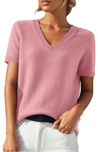 PODOLIXIA Jersey de manga corta para mujer, cuello de pico, de punto, monocolor, manga corta, jersey de punto fino, suave, respetuoso con la piel, para verano, suéter para mujer, Rosa., XL
