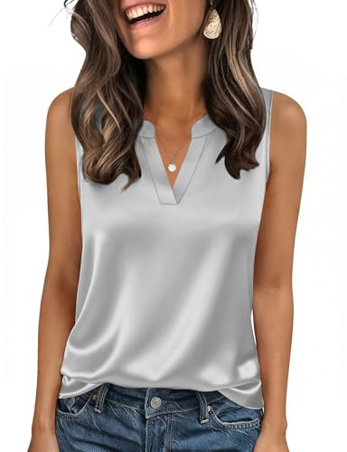 Zeagoo Canotta Donna Estive in Raso Senza Maniche con Scollo a V Camicette Casual Maglietta T-Shirts Elegante Canottiera Base Solido Tank Top Grigio S
