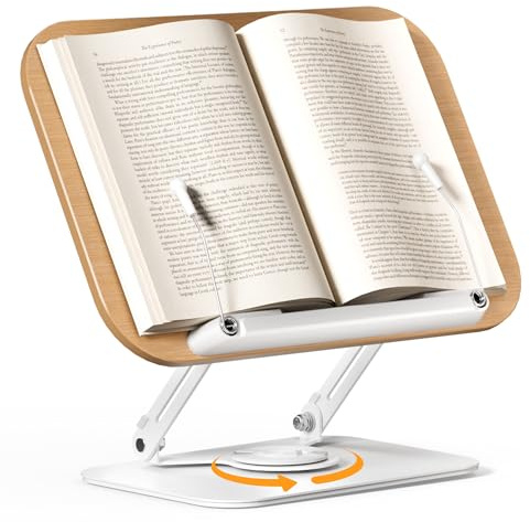 SupeDesk Buchständer zum Lesen,verstellbarer Holz-Buchhalter Leseständer,360° drehbar,faltbar,Kochbuchhalter mit Seitenclip,Präsentationsständer für Rezept,Zeitschrift,Tablet,Laptop,stilvoller Retro