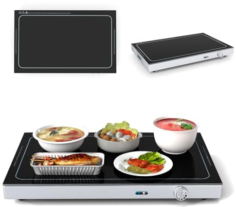 SOARS Chauffe Plat Électrique 300 W, Buffet Chauffant Température Réglable Max 120℃, Plateau 56,5 X 37 CM, avec Poignée Cachée, Surface en Verre Trempé, pour Diverses Tablewar, Maison, Fêtes