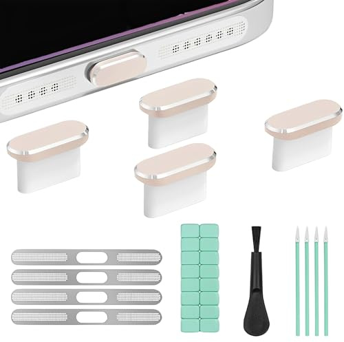 USB C dammskydd set för 17 16 15 Pro Max, 4-i-1 laddningsuttag skydd USB C skyddskåpa med högtalare dammskydd och rengöringslera mobiltelefon dammskydd pluggar tillbehör, guld