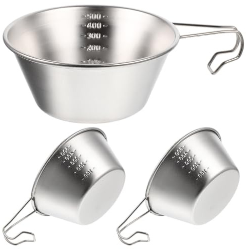 SEWACC 3 Pièces Bol de Camping en Acier Inoxydable 304, Gobelet en Acier Inoxydable 500ml avec Graduation, Argenté, Compact et Léger, pour Camping et Randonnée