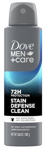 Dove Men+Care Antiperspirant Deodorant Dry Spray Stain Defense Clean For Men Anti-White Marks & Yellow Stains, 72-hour Sweat and Odor Protection with Triple Defense Technology 3.8 oz