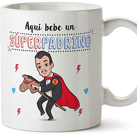 MUGFFINS Taza Padrino – AQUÍ Bebe UN Super Padrino – Taza Desayuno 350 ml Idea Regalo para Padrinos