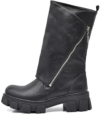 IF Fashion Scarpe Stivali da Donna Al Polpaccio Largo Biker Motociclista Con Zip Platform Anfibi YG881 MP753 Nero N.40