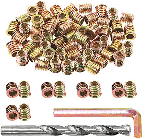 Swpeet 60Pcs 5/16” - 18 x 15mm Carbon Steel Color Zinc Plated Wood Inserts and 11mm Twist Drill with 1Pcs Wrench Assortment Kit, Bolt Furniture Screw in Nut Threaded Hex Socket Drive
