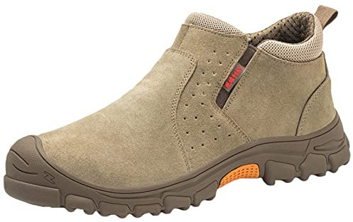 Zapatos De Seguridad para Hombre Botas De Trabajo con Puntera De Acero Sin Cordones Zapatos Transpirables De Fondo Suave para Senderismo,Marrón,40 EU