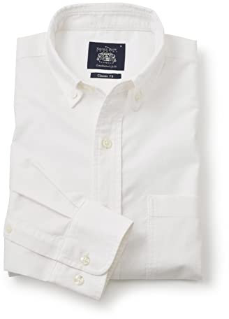THE SAVILE ROW COMPANY LONDON Men's Classic Fit Button Down Long Sleeve Oxford Shirt - White - Large