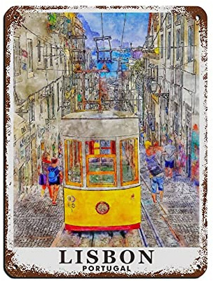 Oudrspo Placa de paisaje urbano vintage Lisboa Portugal Pintura al óleo Cartel de chapa vintage Hogar Oficina Cocina Pub Club Café Bar Granja Restaurante Colección Decoración de pared de metal