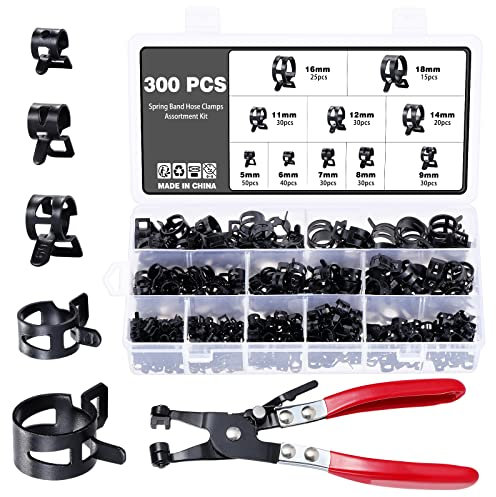 Knpwer 300 Stück Schlauch Federklemme 10 Größen Kraftstoffleitung Schlauchschellen Schlauchschelle Clip Schlauchschellen Verschluss Kraftstoffleitung Schelle 5-18mm,Mit Einer Schlauchklemme Zange
