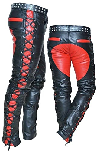 Pantalones de cuero rojo para hombre con cordones laterales | Colección de pantalones de cuero para hombre, Rojo y negro, piel sintética, XXS