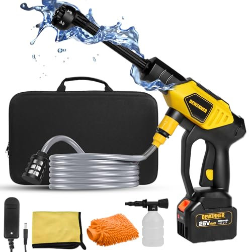 Akku Hochdruckreiniger, DEWINNER 25V Kabelloser Akku Hochdruckreiniger, Mobiler Hochdruckreiniger mit 6-in-1 Verstellbarer Düs, für Auto Waschen/Garten/Haustier/Teppichreinigen