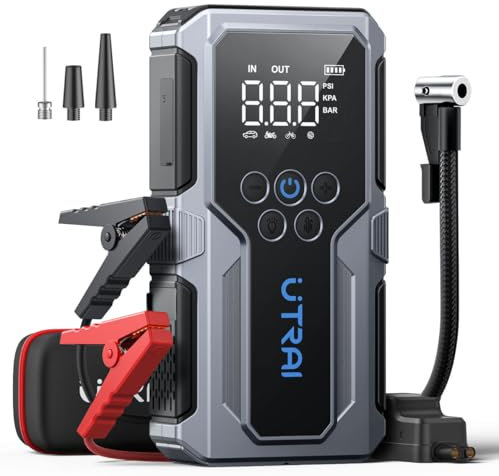 UTRAI Avviatore Batteria Auto con Compressore 150PSI/18W Ricarica Rapida 3.0, 4000A Booster Avviamento Auto/Moto per 12V Veicoli a Motore (8.5L Benzina/6.5L Diesel), Avviatore Emergenza con Torcia