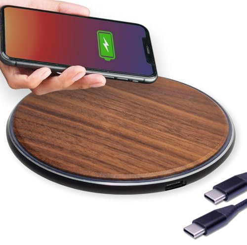 GARCIX Cargador Inalámbrico Rápido 15W de Madera Natural – Compatible con iPhone 15, Samsung Galaxy S24, AirPods – Diseño Elegante con Indicador LED, Base de Carga Qi Universal para Oficina y Hogar