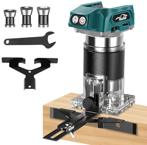 MaxAwe Akku Kantenfräse, Brushless Akku Oberfräse für Makita 18V, 600W Hartmetall Fräser mit Transparente Basis, Led Licht & Spannzangen(6,35mm) Einhand Oberfräsen für Holzbearbeitung ohne Akku