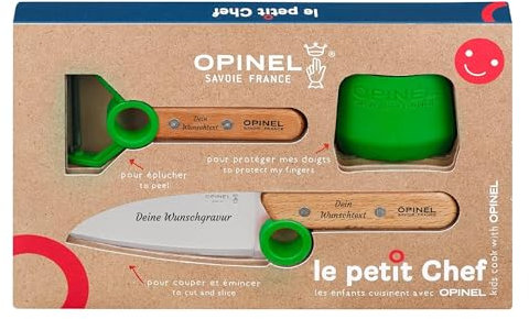 Opinel Le Petit Chef Juego de cuchillos de cocina infantiles con mango de madera, 3 piezas, grabado personal, pelador, inoxidable, protección de dedos, regalo (verde)