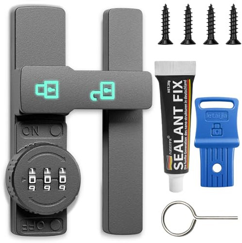 180 Grad Schiebetür Schloss mit Passwortsperre - Leuchtend TüRriegel 180 Grad, SchiebetüRschloss für SchiebetüR, Badezimmer, Garten, Fenster, Outdoor (180°- Grau)