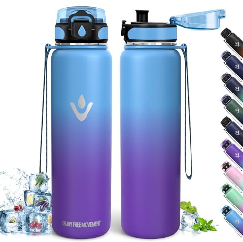 Trinkflasche Edelstahl, 1L BPA-Frei, Thermosflasche, Auslaufsicher, Thermoskanne, Doppelwandige Isolierung, Isolierflasche, Wasserflasche, 18/8 Edelstahl, Thermoskanne für Wandern, Laufen, Schule