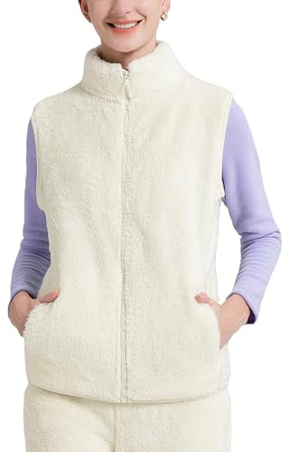 Maeau Damen-Fleece-Weste, Bodywarmer Weste, Flanellweste, Plüsch-Weste, Strickjacke, ärmellose Jacke mit Reißverschlusstaschen, Damen-Mantel für Herbst und Winter, beige, L