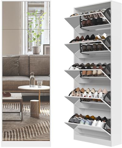 Organizedlife Shoe Storage Cabinet with 185cm Full Length Mirror, 30 Pairs & 5 Flip Drawer, Free Standing Shoe Rack Cabinet, Narrow Shoes Organizer for Front Door, Entryway (2-Shelf Drawers)
