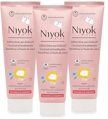 NIYOK barn tandkräm jordgubbar och hallon 3 x 75 ml | Fluoridfri barntandkräm med ekologisk kokosolja, xylit och krita för daglig tandvård med jordgubbssmak och hallon