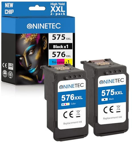 NINETEC PG-575 XL + CL-576 XL skrivarbläck Canon 575XL + 576XL bläcksats för Canon Pixma TR4750i TR4751i TS3551i TS3550i bläck för 575 svart och 576 färg 2-pack