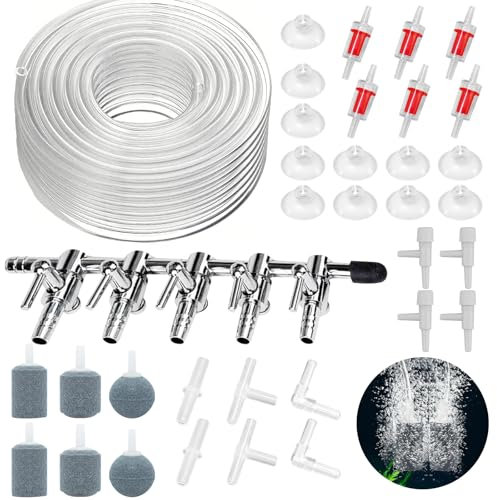 Annickee 66PCS Air Pump Accessories Aquarium Accessories with 5-Way Air Valve Distributors, 10M Transparent Silicone Tubing, Check Valve, Airstone, Suction Cup, Regulator Valve, T/L/I Shape Connector