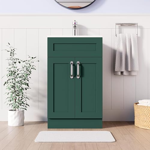 BELOFAY 500mm Floor Standing Bathroom Vanity Unit With Basin - Slim Waterproof Laquered Cloakroom Vanity Unit with 1 Tap Hole Ceramic Basin & Waste Included (Crawley Green)