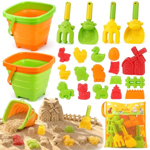 Dreamon Beach Toys for Kids — 29PCS Farm Sand Toys with 2 Collapsible Buckets, Rake & Shovel Set, Sand Molds and Mesh Bag, Sandcastle Building Kit Travel Beach Toys for Kids Ages 4-8