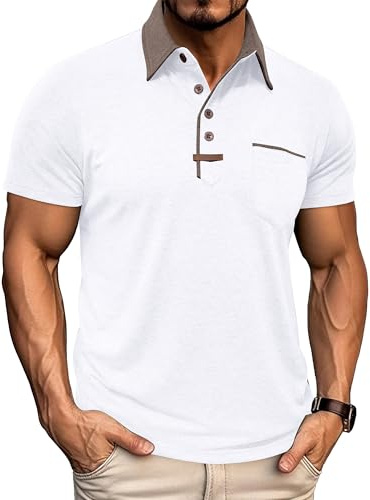 PRIVIMIX Pikétröjor för män kortärmad klassisk krage t-shirt golf toppar rugbytröja med ficka M-3XL, Vitt, M