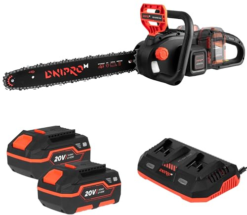 Motosierra a Batería DCS-201BC Dual 2x20V - Espada de 40 cm, Velocidad de Cadena 16 m/s, 8000 RPM, Cadena 3/8” - Peso 4 Kg, Freno de Seguridad - Incluye 2 Baterías 4 Ah y Cargador Dual - Por Dnipro-M