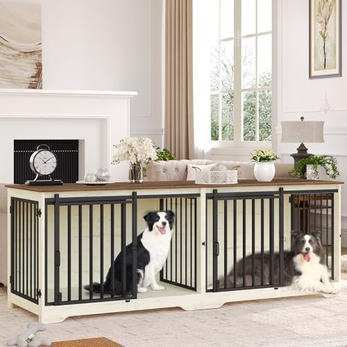 Hzuaneri Meuble pour Cage de 2 Chiens, Niche en Bois, Blanc et Marron