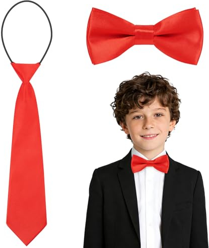 URAQT Set Cravatta e Papillon per Bambini in Raso Satinato, Preannodati e Regolabili 28 * 7cm&10 * 5cm, per Matrimoni e Feste Casual, Comodi e Alla Moda, Rosso