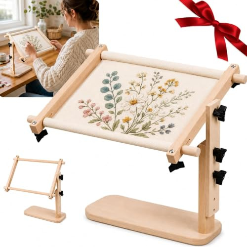 Adjustable Tabletop Embroidery Stand, Cross Stitch Frame Holder with Split Rail Scroll Frame, Hands-Free Wooden Needlepoint Lap and Table Stand for Tapestry, Sewing, Needlework (23*46cm)