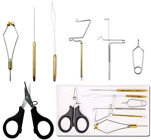 SHADDOCK Fliegenfischen-Werkzeug-Set inkl. Spulen-Finisher, Schere, Hackel, Haarstapel, Fliegenfischen, Werkzeug-Set (7-teiliges Fliegenbinden-Werkzeug-Set)