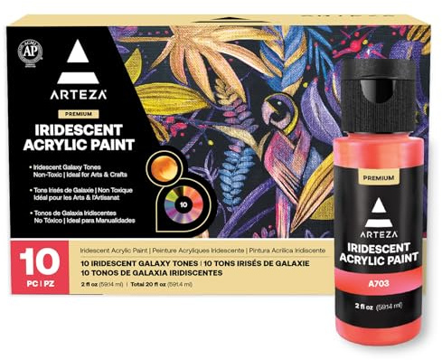 ARTEZA Iridescent Acrylic Paint Set, 10 Galaxy Tones, 60 ml / 2 fl oz Bottles, Shimmer Water-Based Paints for Canvas, Wood, Rocks, Fabric, Paper, and Mixed Media